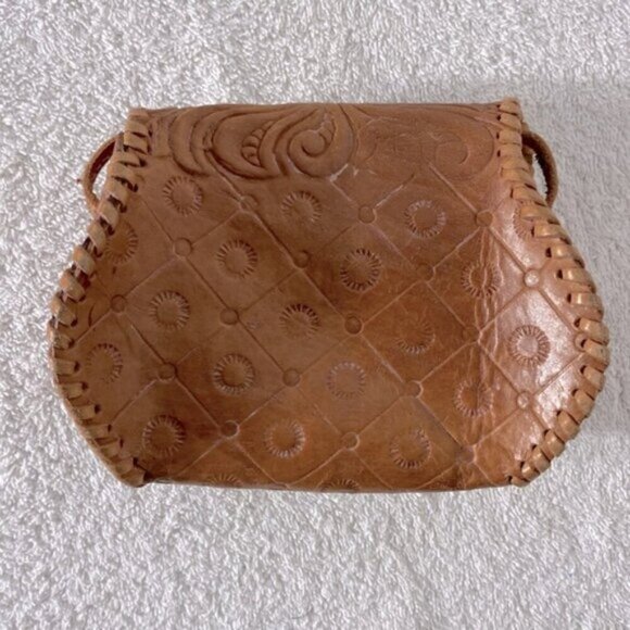 Vintage Handmade Tan Brown Tooled Leather Crossbody Bag Shoulder Bag Purse - Picture 3 of 16